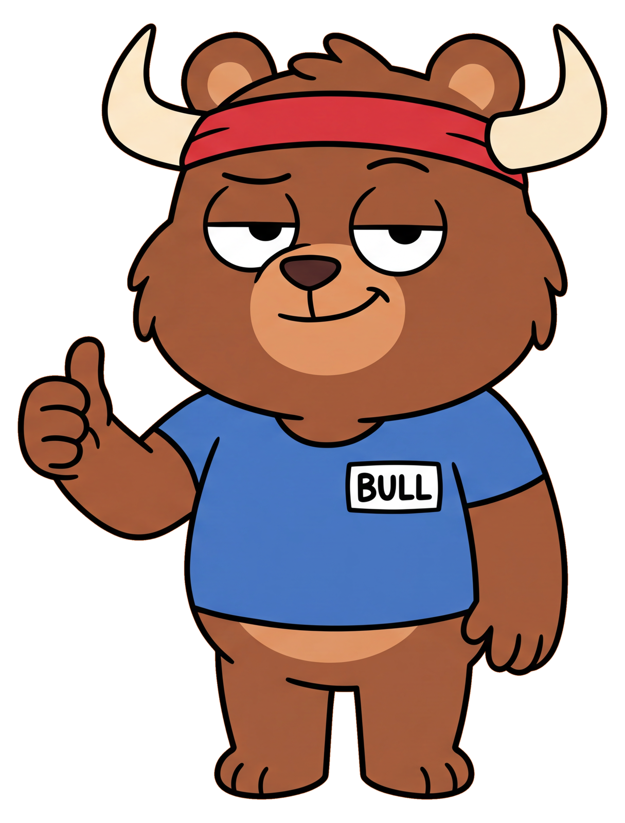 The UPTOBEAR bear, thumbs up, wearing bull horns